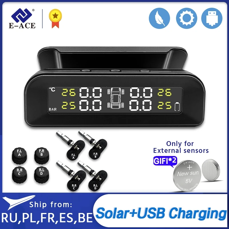 E-ACE K07 TPMS Solar Sensor Intelligence Intelligence Wireless Monitorovanie tlaku Systém Varovanie teploty so 4 senzormi