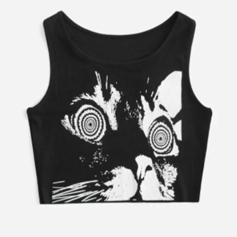 E-dievča gothic grunge plodiny vrcholy Vintage Ženy kawaii Cat Graphics Black Tops Retro Lovely Kitten Mini vesta punk štýl emo oblečenie