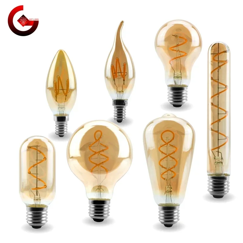 E14 E27 Retro LED špirálové vlákno žiarovky 4W Warm Yellow 220V C35 A60 T45 ST64 T185 T225 G80 G95 G125 Vintage Edison Lamp Lamp