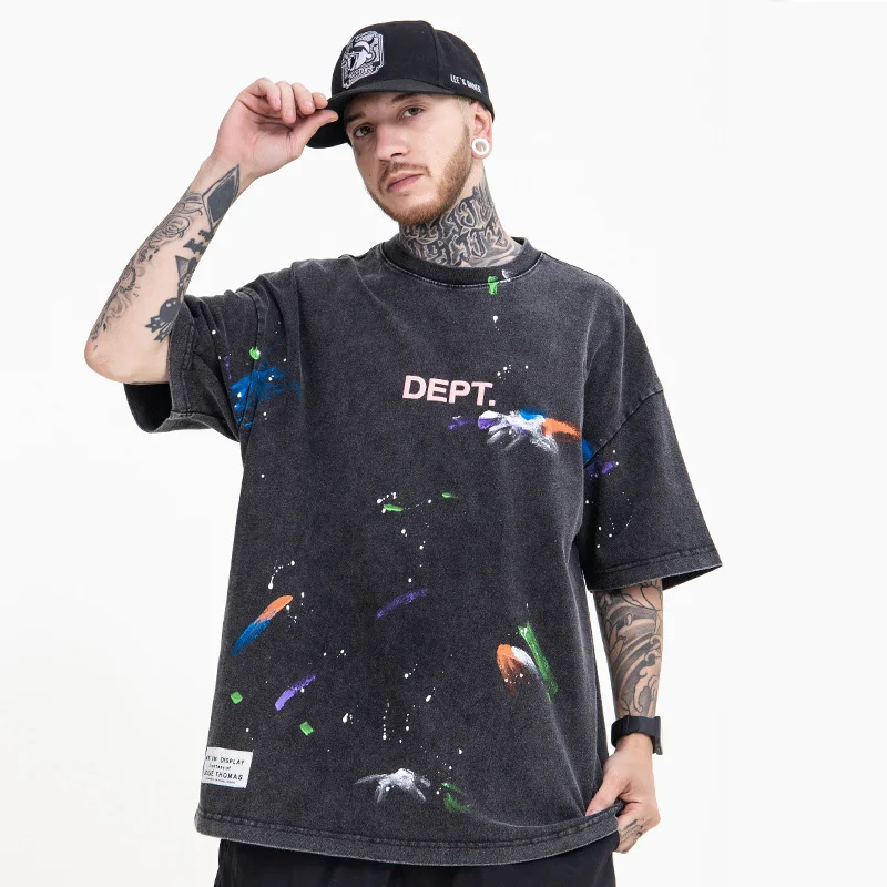 E593 Jarné leto Nové módne pánske tričko Streetwear Ručne splnené atramentové vinobranie voľné voľné hip hop mládež Muž s krátkym rukávom