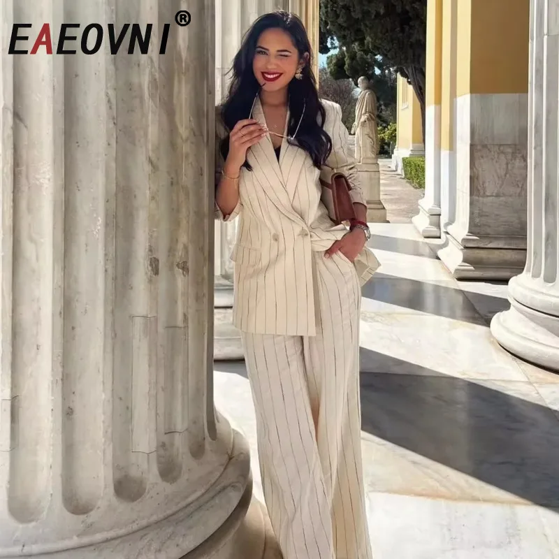 EAEOVNI 2025 Spring Fashion 3 -Piece Set Women Striped Double Blazer V krk vesta + dlhé nohavice Kancelária Nový 1A177
