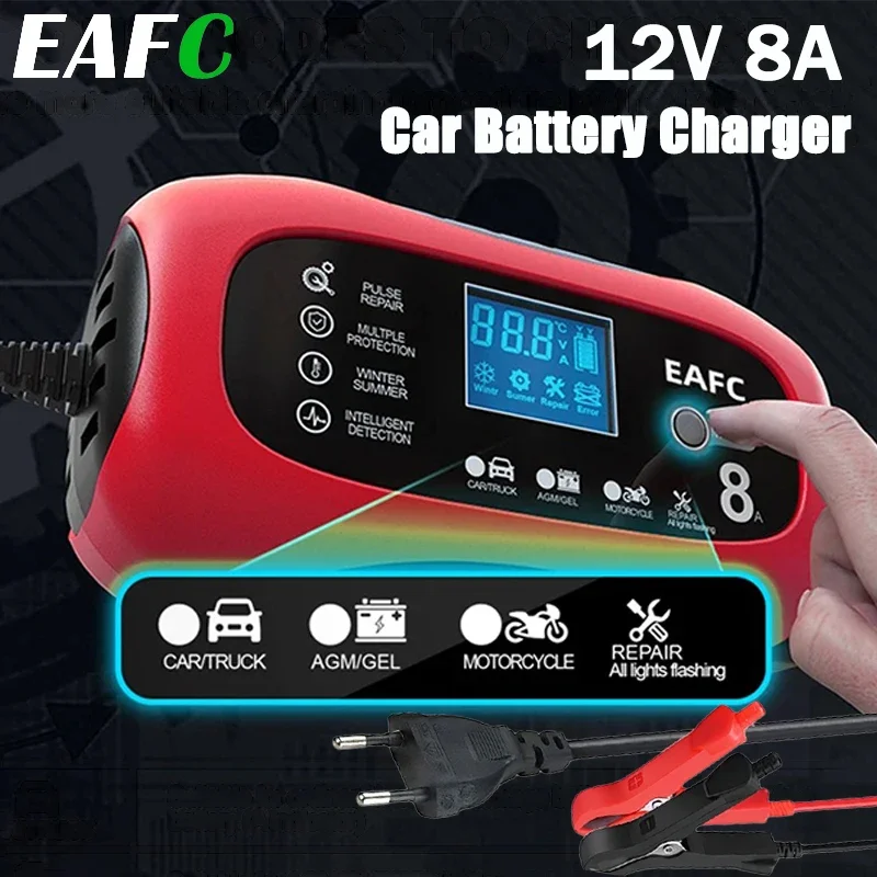 EAFC 12V 8A Automatická automatická nabíjačka na nabíjačku automobilov Pulz Pulz Pulz pre inteligentné vozidlo Motocykel kyselina LCD LCD Displej gél AGM Wet Wet