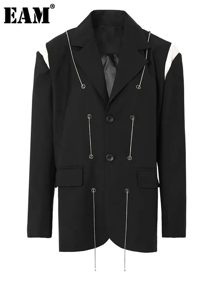 EAM Black Color-Block Metal Replace Blazer Dámske ženy Nový klopa s dlhým rukávom Loose Fit bunda módna jar jeseň 2025 1DF8578
