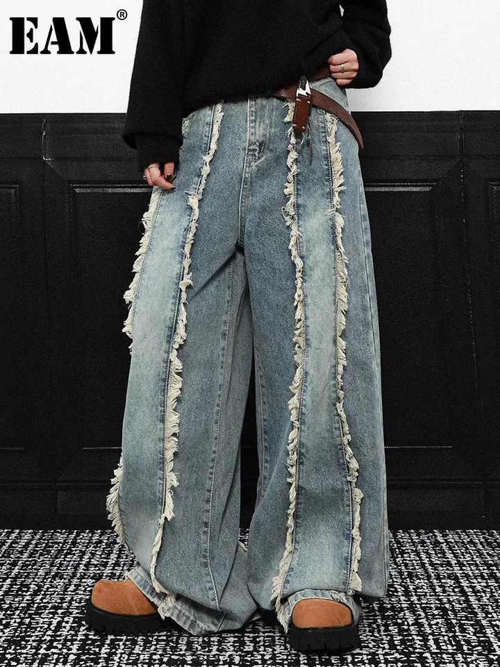 [EAM] Vysoký pás Blue Burr Denim Vintage v tvare Príležitostné džínsy so širokými nohami Nové ženské nohavice Fashion Tide Jar Autumn 2025 1DH9396