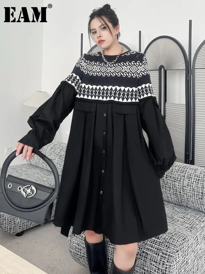 Eam Women Black Pattert Pletenie veľkej veľkosti Elegantné šaty Nový okrúhly krk dlhý rukáv Módne príliv Spring Jeseň 2025 1DH4624