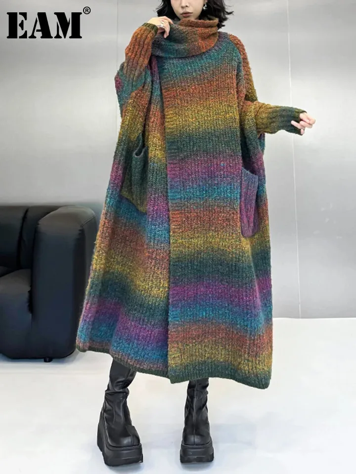 [EAM] Zelená veľká veľkosť dlhé pletenie sveter Sweater Collar Dlhý rukáv Ženy Nový módny príliv Autumn Winter 2025 1DH8053