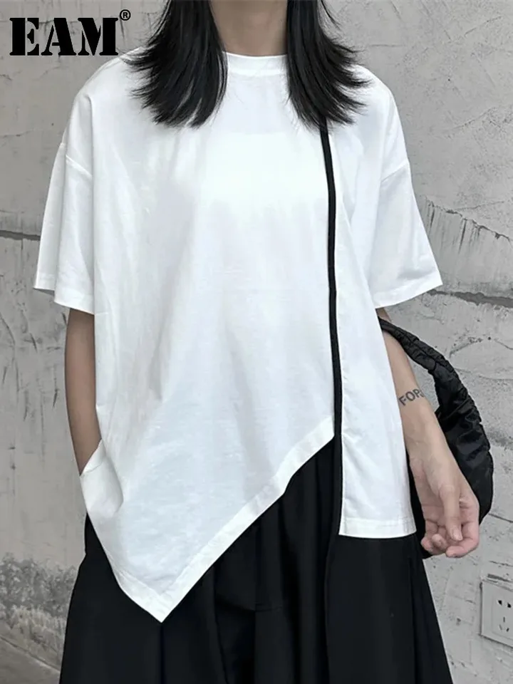 [EAM] Ženy biele farebné bloky Nepravidelné tričko s veľkou veľkou veľkosťou Nový okrúhly krk Half Ruckve Fashion Tide Spring Summer 2025 1DF9733