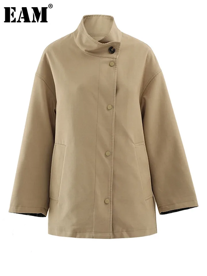 [EAM] Ženy Khaki Veľká veľkosť Príležitostná výkopa Nový stojan Golier s dlhým rukávom Windbreaker Fashion Tide Spring Jeseň 2025 CPG2470