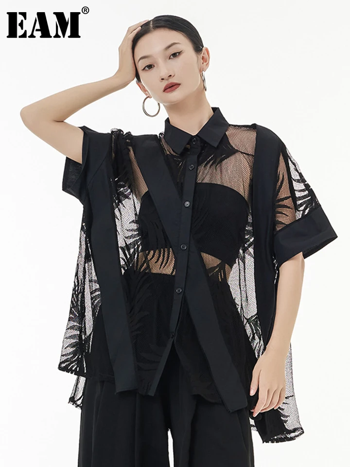 [EAM] Ženy čierna čipka perspektíva veľká veľkosť blúzka Nový klop Half Ruckve Loose Fit Tide Fashion Tide Spring Summer 2025 1DF0053