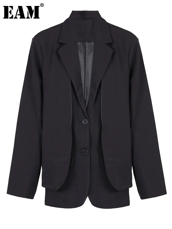 [EAM] Ženy čierne nepravidelné veľké veľkosti Casual Blazer Nový klopa s dlhým rukávom Loose Fit bunda módna jar jeseň 2025 CPG0356