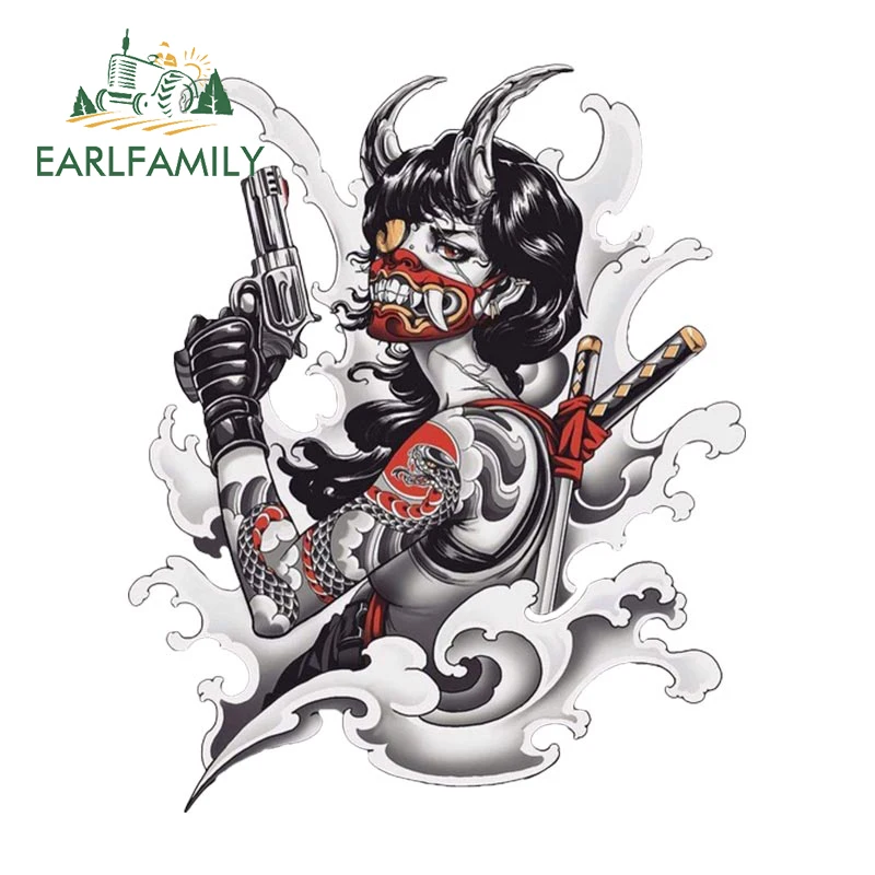 Earlfamily 13cm x 10,7 cm Japonsko Geisha Samurai Sticker Prajna Maska Demon Tattoo Dievča