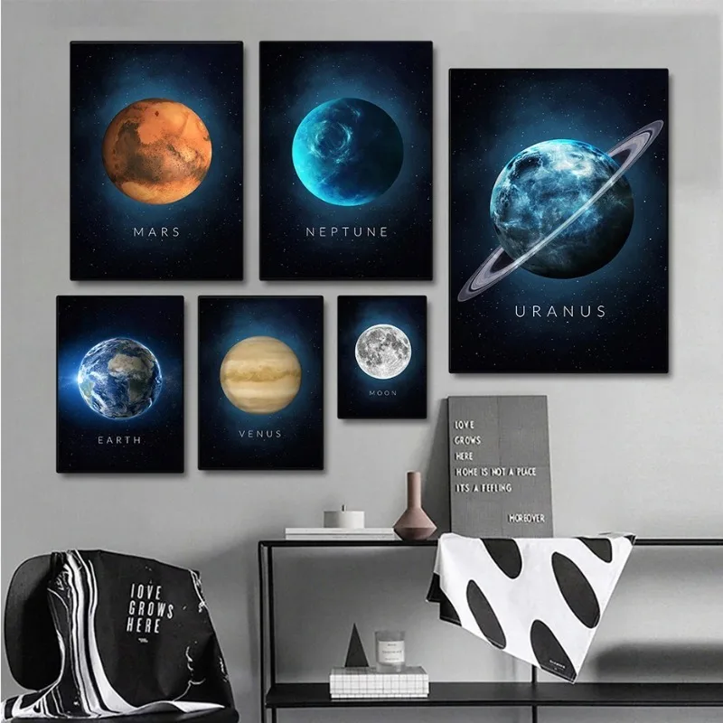 Earth Moon Sun Venus Jupiter Mercury Mars Urán Neptún Art Art Art a tlač planéta Wall Art Canvas maľba obývacia izba dekor