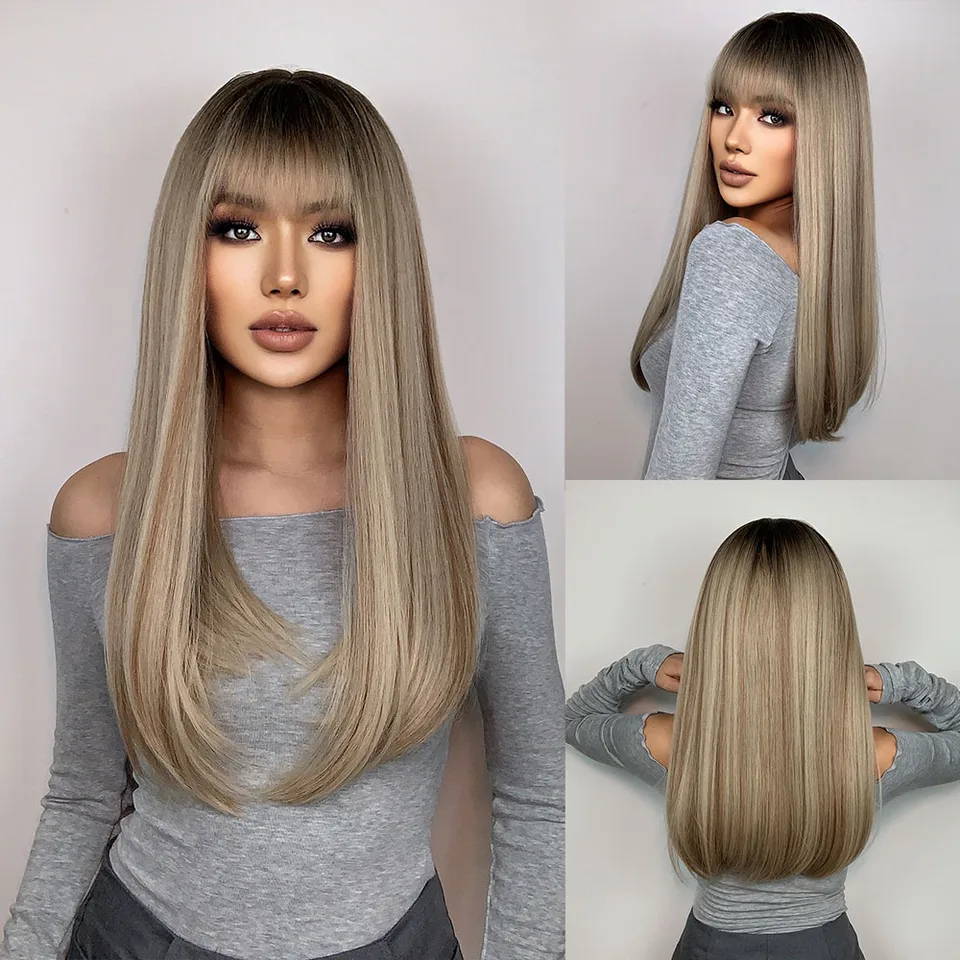 Easihair Dlhá rovná syntetická parochňa s rangami hnedá až blondínka Ombre prírodné vlasové parochňu pre ženy
