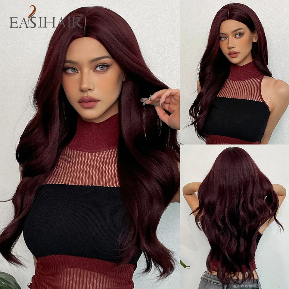 Easihair dlhé víno červené vlnité syntetické parochne stredná časť Burgundsko Prírodné parochne pre ženy denne cosplay používajte parochňu odolné