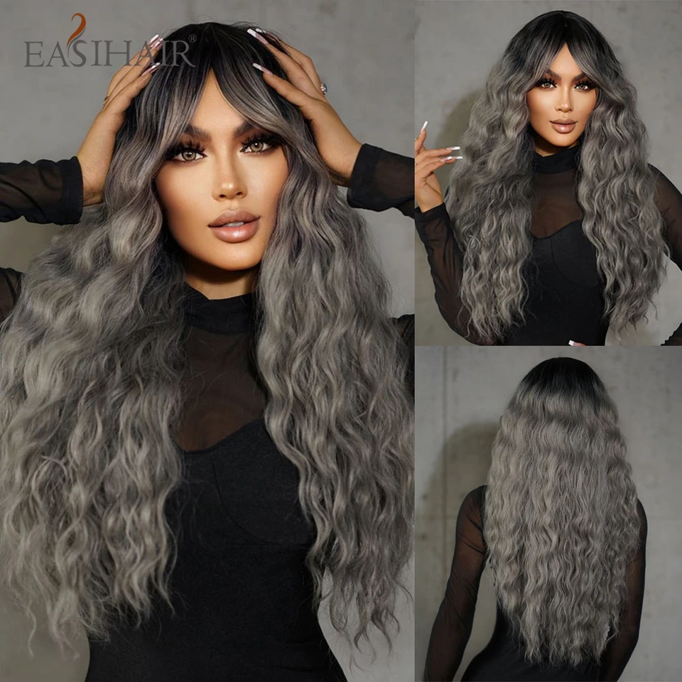 Easihair Silver Grey výstredný kučeravé dlhé syntetické parochne s ranou pre čierne afro ženy denné večierky Prírodné tepelne odolné falošné vlasy