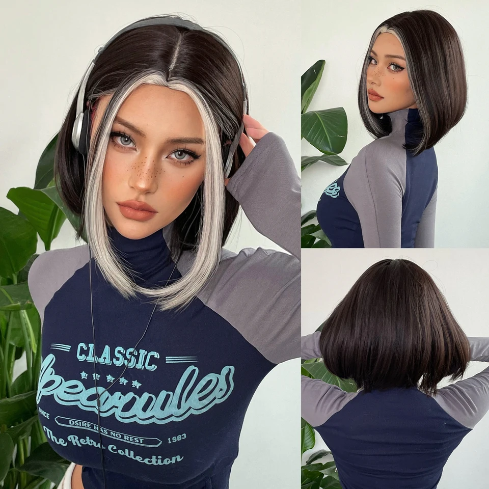 Easihair čierna s bielym zvýraznením Stručne bob Syntetické prírodné parochne pre ženy Cosplay lolita tepelne odolné voči vlákninovým parochňami