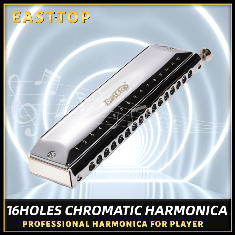 Easttop Professional Chromatic Harmonica T16-64C 16 koholich mosadz chromatická, posúvacia harmonika, dobrý zvuk, strieborná farba