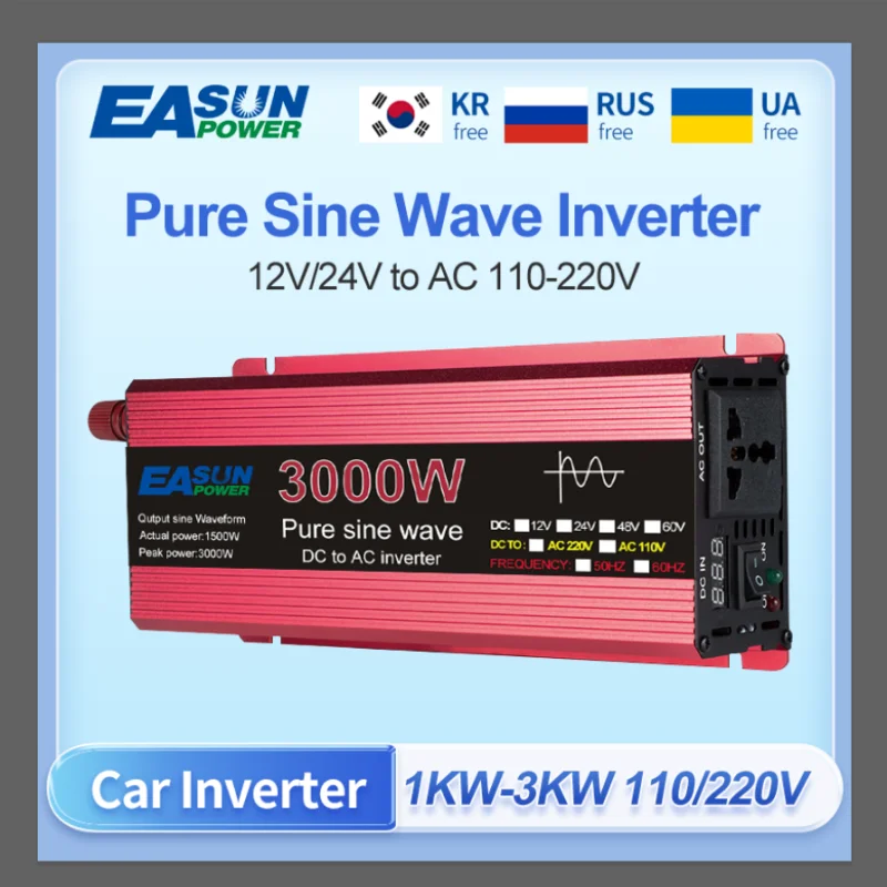 EASUN PURE SINE SINE WAVE INVERTER 12V 24V až 110V220V napätie Elektrický motocykel 3KW transformátor Power Prevodník Solárny automobil Inverter