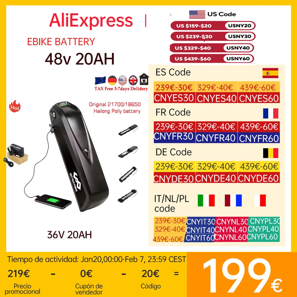 Ebike batéria 52V 25a Hailong Polly36v 48V 20AH 24AH18650 21700 Elektrické bicykle Batteria pre 350 W 500W 750W 1000 W 1500W Motor