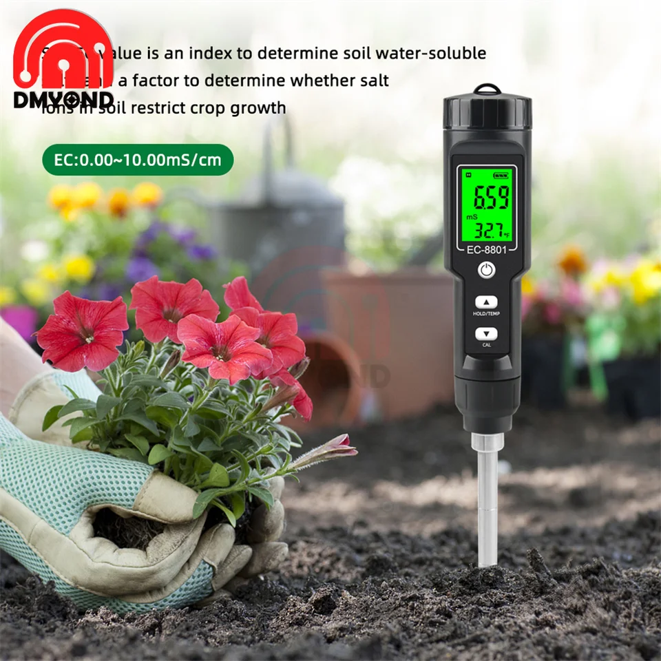 EC-8801 Prenosný digitálny displej EC/teplotný tester pôdy s podsvietením, záhradnícka výsadba sondy Detektor pôdy