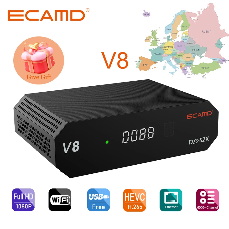 ECAMD V8 DVB-S/S2/S2X+AV HD Satelitný prijímač Vstavaný 2,4G WiFi ， V8 Nova Modernovaná verzia Pridáva podporu pre ECAM TV box