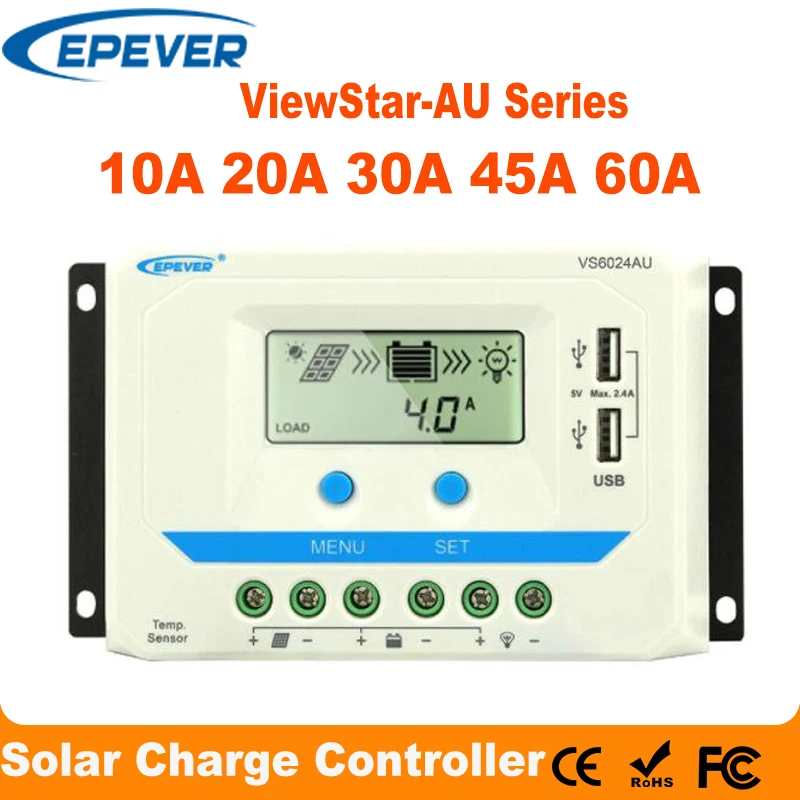 Edever 60A 45A 30A 20A 10A Solar Charger Controller 12v 24V Automatické podsvietenie LCD solárny regulátor Dual USB Viewstar-Au Series