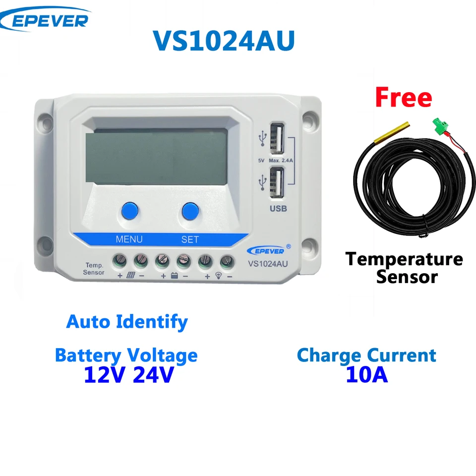 Efever Solar PWM Panel Regulátor výkonového regulátora s teplotným snímačom 10AMP 10A Regulátor náboja VS1024AU