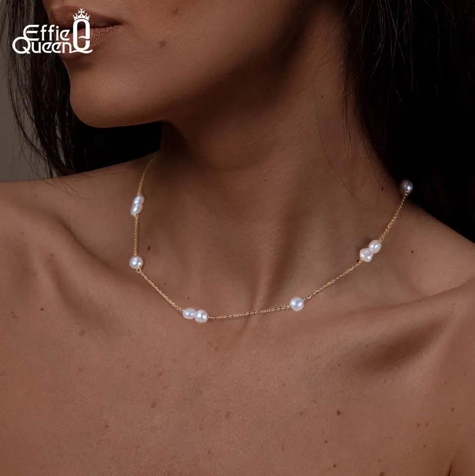 Effie Queen 14k Gold -Tasted 925 Sterling Silver Natural Sladkovodné perlové náhrdelníky výročie šperky pre ženy GPN57