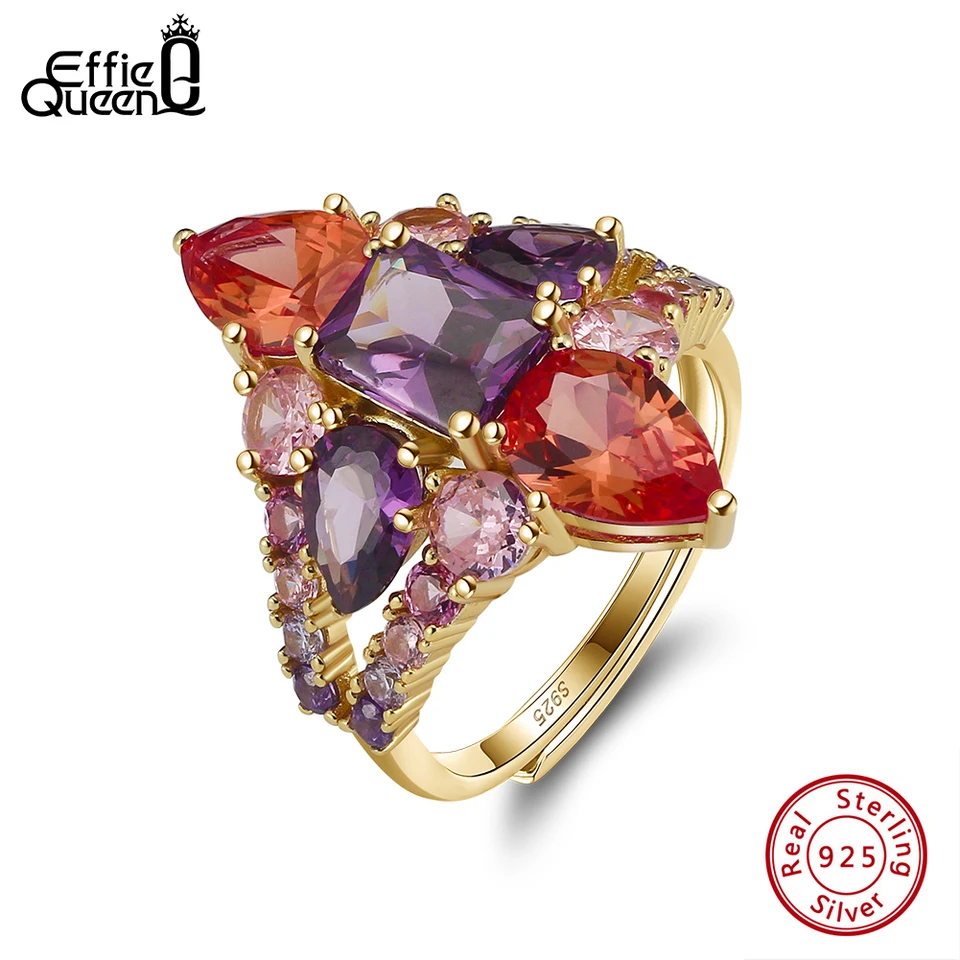 Effie Queen 925 Sterling Silver Open Rings Fialová a červená voda Drop Aaaa Cubic zirkónia nastaviteľný prsteň prsteň jemný prítomný prítomnosť EQR65