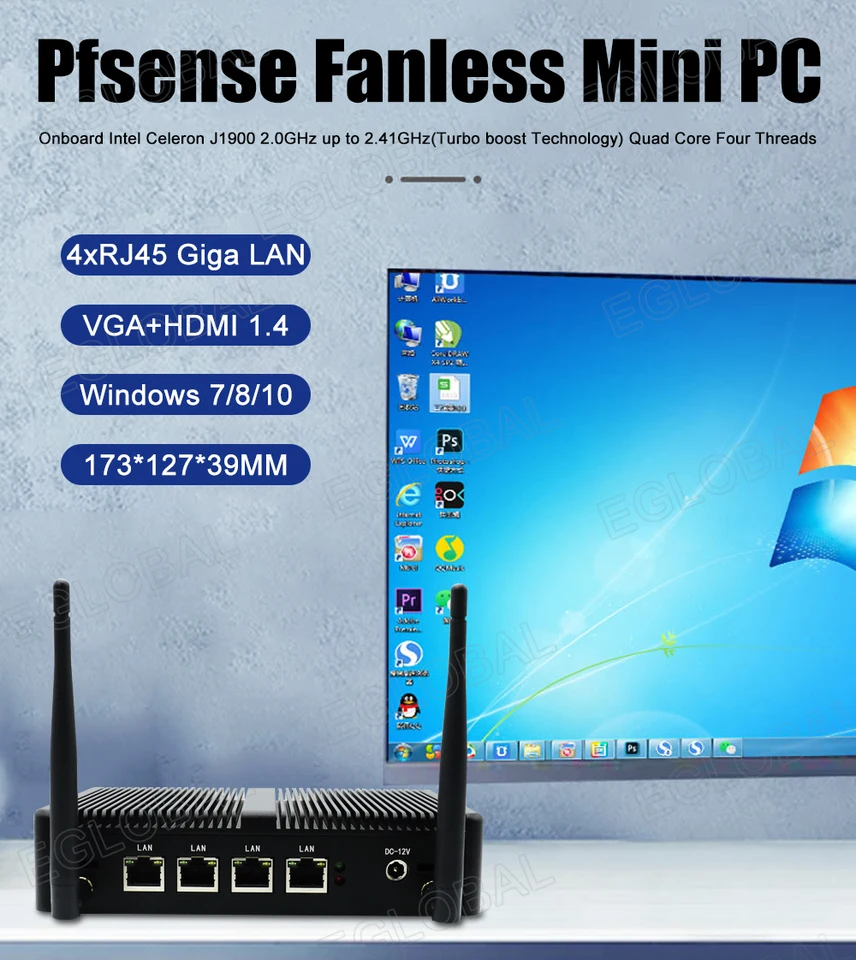 Eglobal Fanless PfSense Mini PC s Intel Celeron J1900 N5095 J4125 4LANS Mini Router TV Box 4K pre VGA HDMI 2,5G M.2SSD