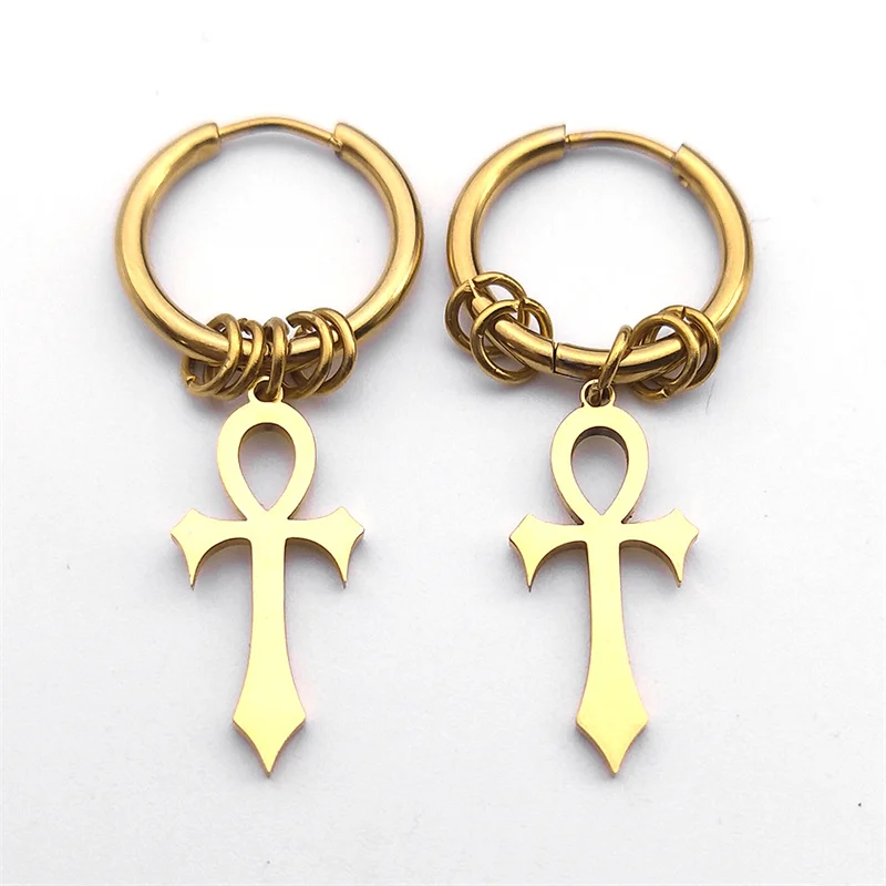 Egypt Ankh krížový obruč Dangle Dangle náušnice Ženy z nehrdzavejúcej ocele Zlatá farba egyptský krížový krupix amulet náušnice šperky E1714S08
