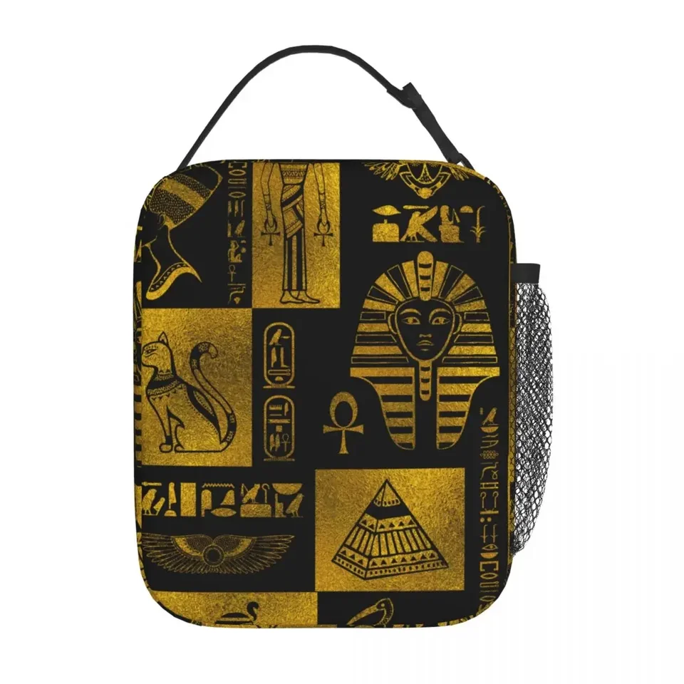 Egyptské hieroglyfy zlata a koláž izolované obedové tašky Vysoko kapacita Egypt Egypt Container Termal Bag Tote Lunch Box