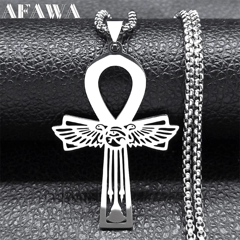 Egyptský ankh krížový kľúče kľúča náhrdelník pre ženy mužov z nehrdzavejúcej ocele Striebro Farba Egypt Eye of Horus Chain Jewelry N9730S02