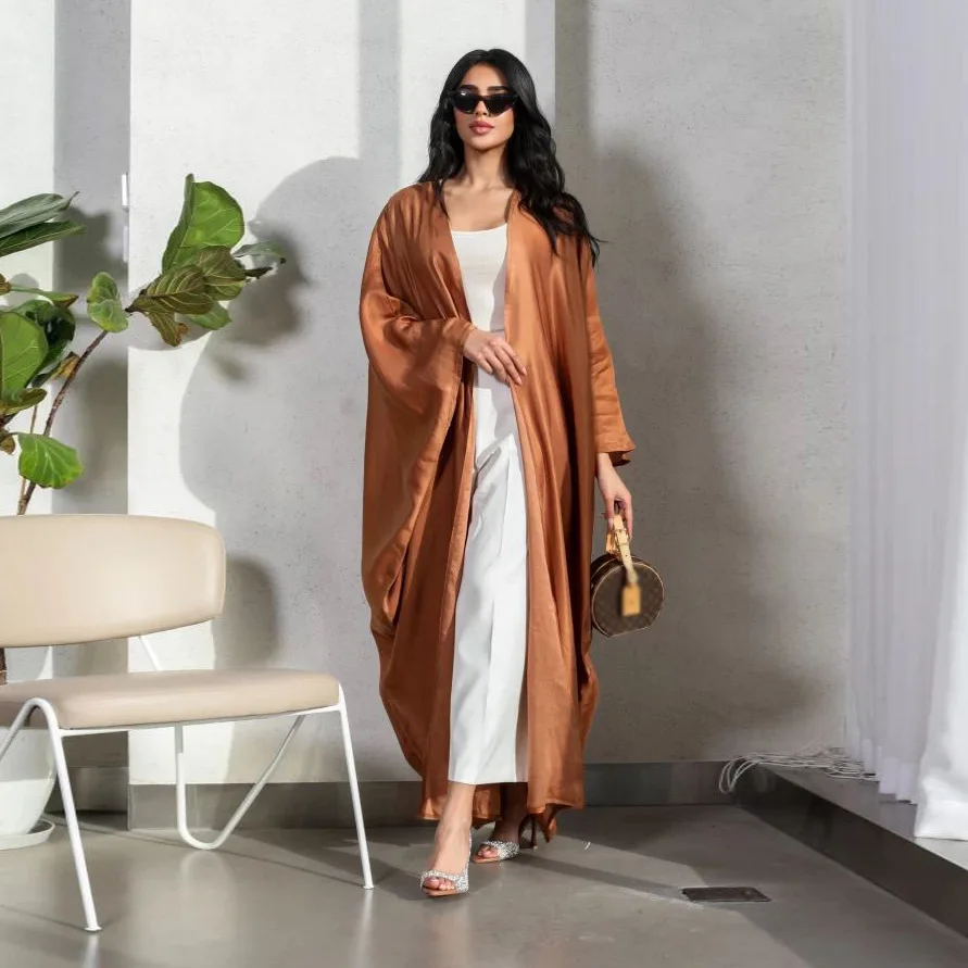 Eid djellaba saténové moslimské ženy Kimono Cardigan Open Abaya Dubai Scrmest Dress Turecko kebaya arabský rúž Caftan marokain femme šaty