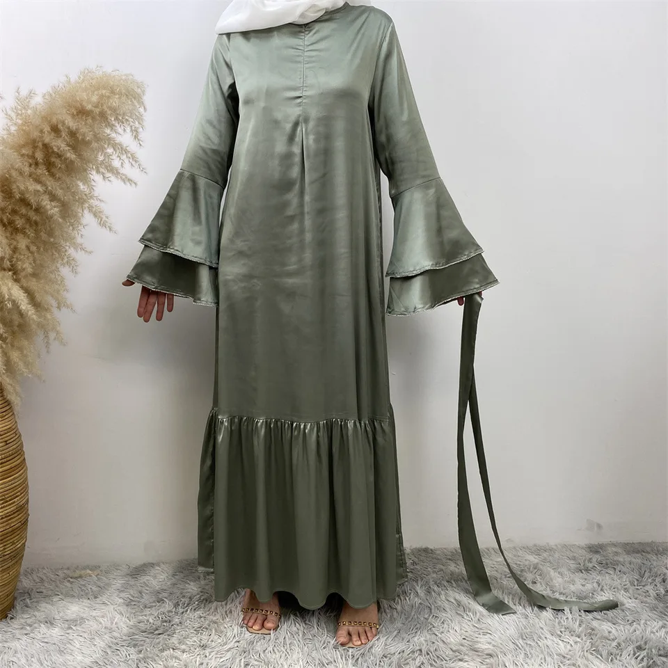 Eid djellaba saténové rufje abaya pre ženy moslimské šaty Dubaj kaftan islam oblečenie morčacie ramadán jalabiya caftan femme Vestido