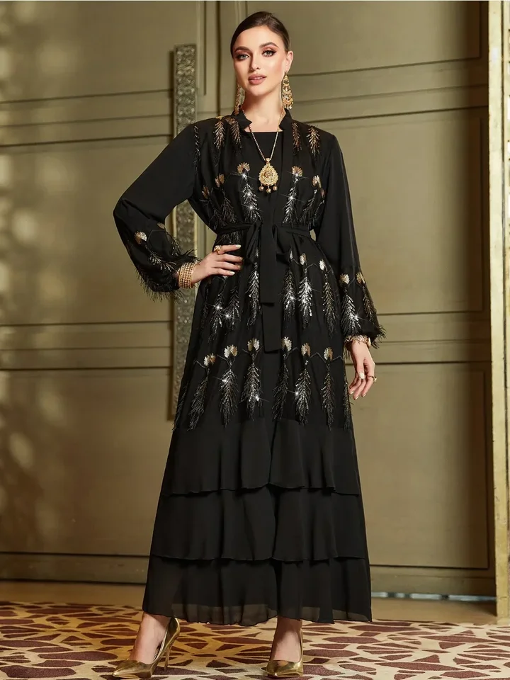 Eid moslim pre ženy, šaty Abaya Set 2 -Piece perie vyšívanie jalabiya Maroko Party šaty Abayas Kaftan Vestidos dlhé rúcho