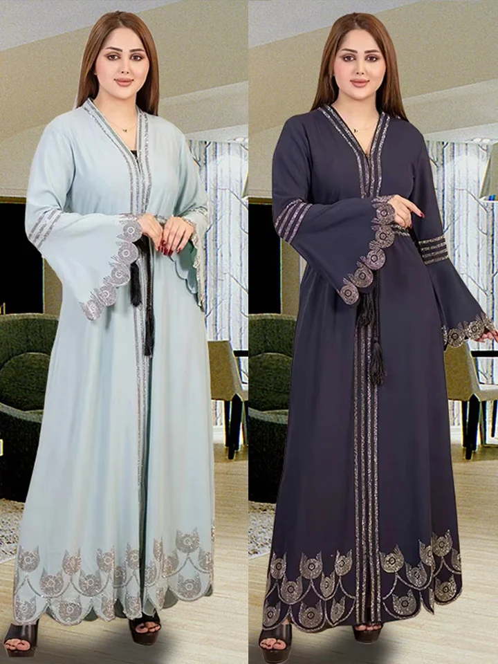 Eid moslimské večierky pre ženy pre ženy Diamond Flare Ruckve Ramadan Abaya Belt Maroko kaftan Vestidos Largos Largos Dubai Robe Jalabiya 2024