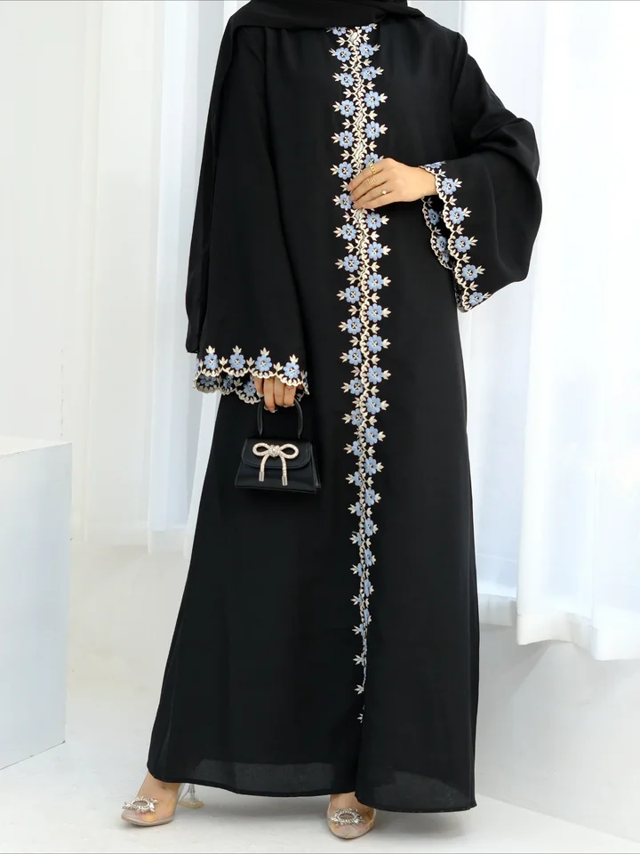 Eid moslimské večierky pre ženy pre ženy ramadán Abaya kvetinová výšivka dlhá abayas marocka kaftan vestis gargos largos dubaj rúž jalabiya