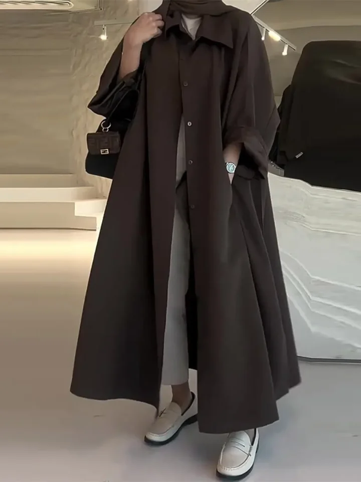 Eid moslimské ženy Abaya Trench Coat Single Breased Lask Cat Ramadan Maroko Dubaj Windbreaker Arabské príležitostné dlhé oblečenie