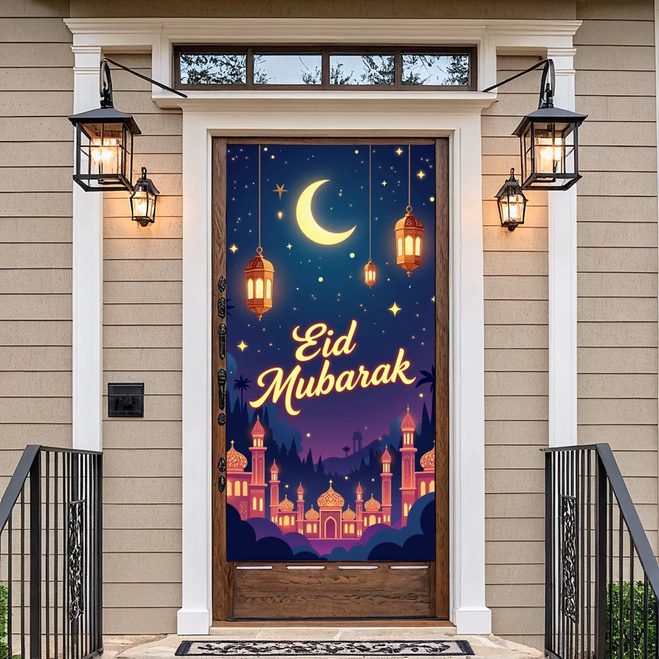Eid Mubarak Banner Moon Stars zavesenie Lanterns mešita slávnostné pozadie dekorácie Oslavy Moslimské podujatia Printing Party Doplnok