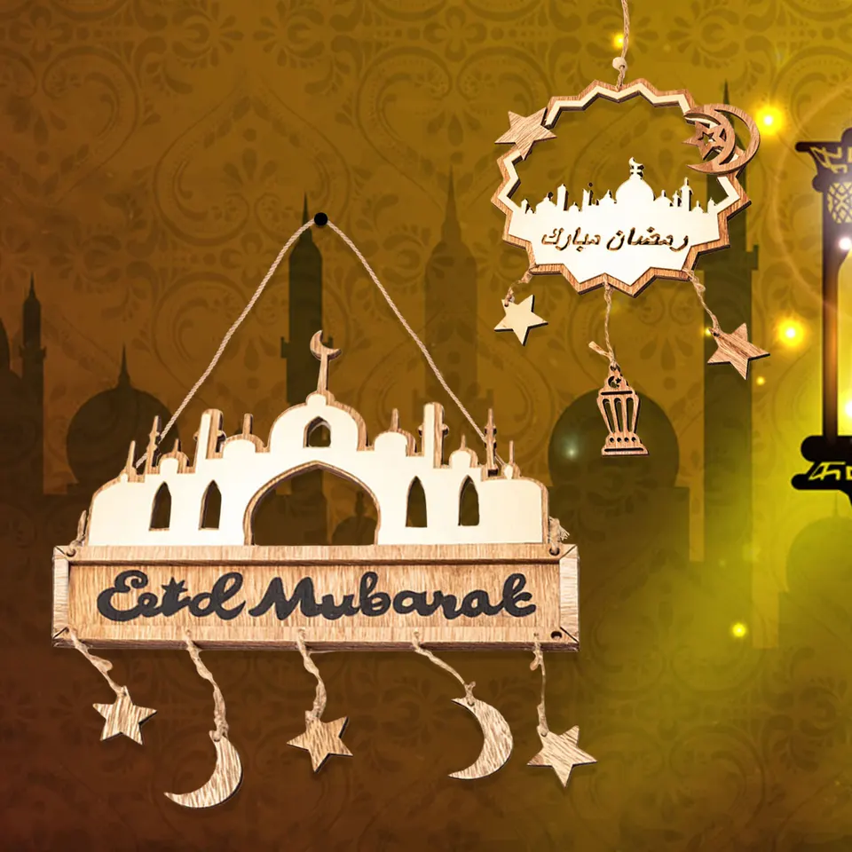 Eid Mubarak ramadán dekor drevený prívesok ramadan kareen drevené remeslo pre domáce dvere závesné dekorácie DIY Islamský večierok Veniec