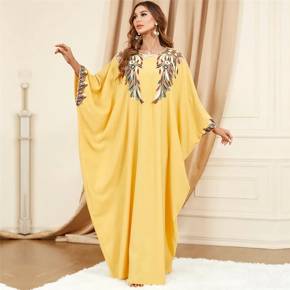 Eid Mubarak vyšívacie moslimské moslimské ženy Abaya voľný batwing rukáv maxi šaty Turecko dubaj kaftan kaftan marocké femme šaty kaftan