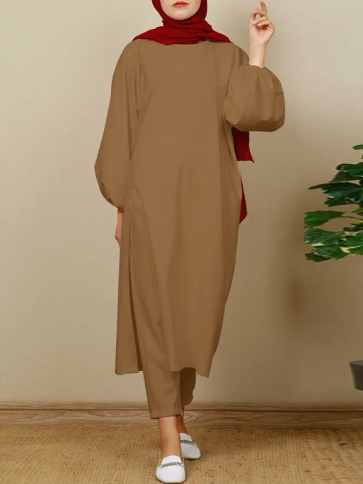 Eid Muslim Set Ženy 2 kusové rozdelené šaty Blúzka široké nohavice Sada súpravy MUSULLAN ENSEMBLE DUBAI ARABA RAMADAN KAFTAN 2024 outfit