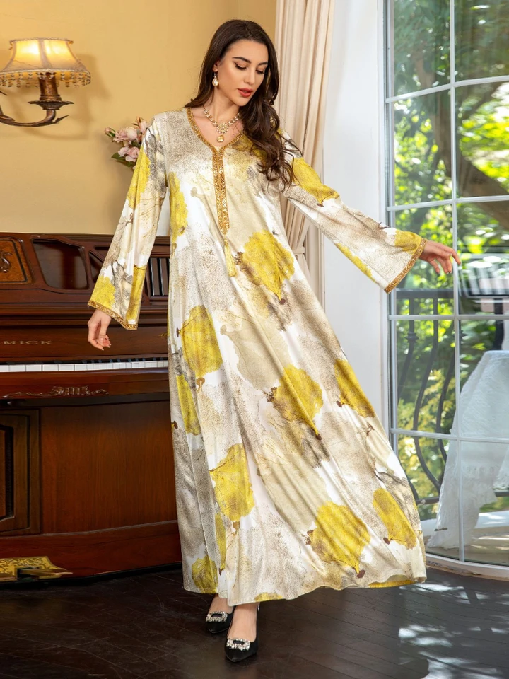 Eid saténové šaty pre ženy Abaya Diamond Print V Neck Vestidos Largos Ramadan Muslim Party dlhé šaty pás Dubai rúž Jalabiya