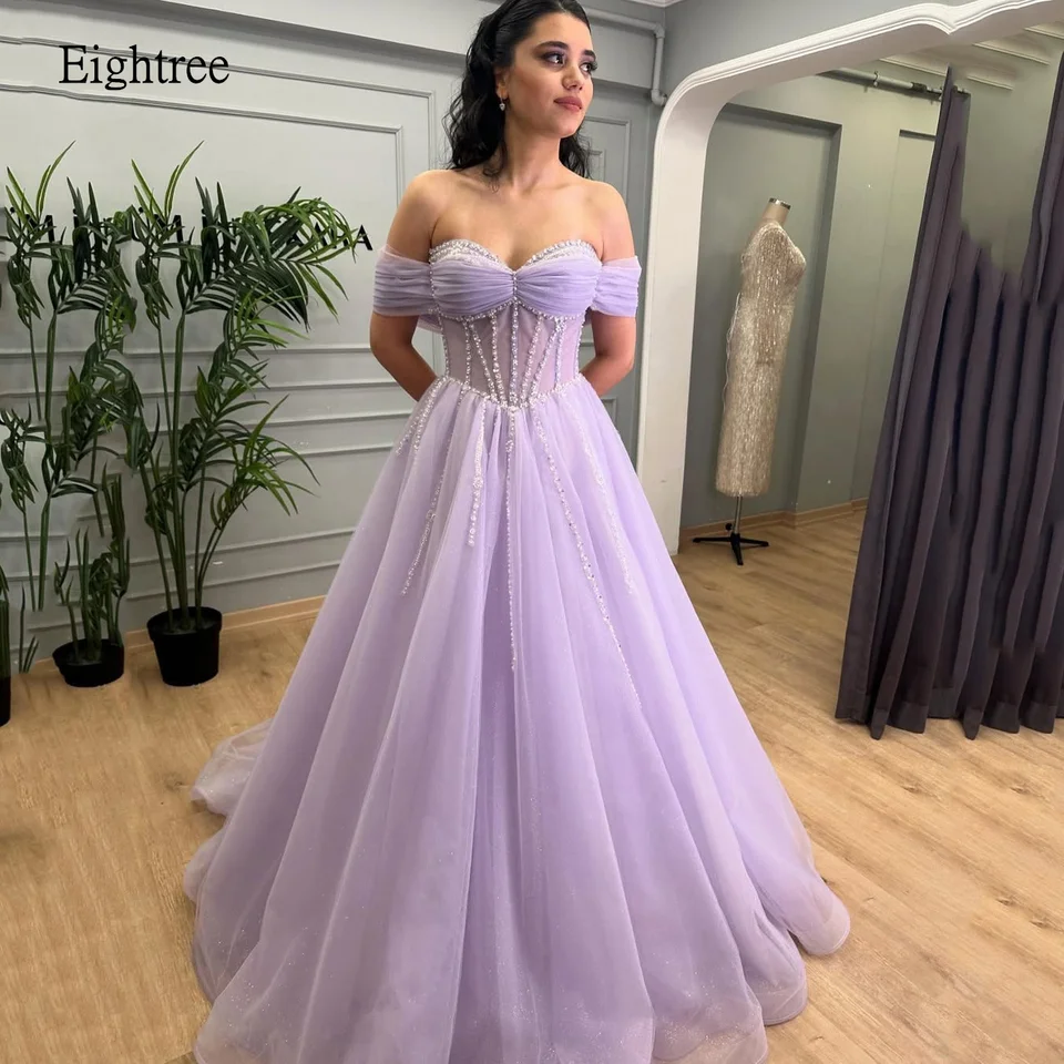 Eightree Lavender A-Line Prom šaty z ramien formálne večierky Sledeteart Neck Evening Dress Vestidos de Gala Prispôsobené