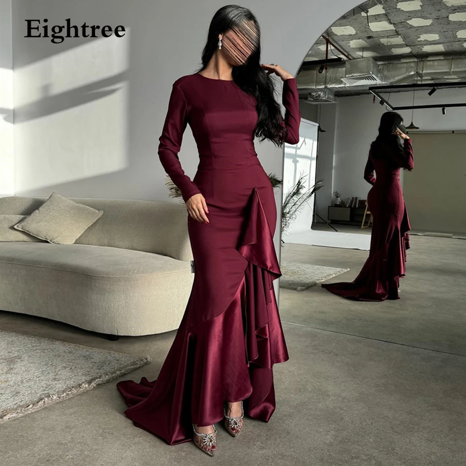 Eightree Mermaid Eveing ​​Šaty s dlhými rukávmi arabské dubajské formálne šaty ASYMMETRICKÉ RUFFLE Prom Party Gowns Prispôsobené