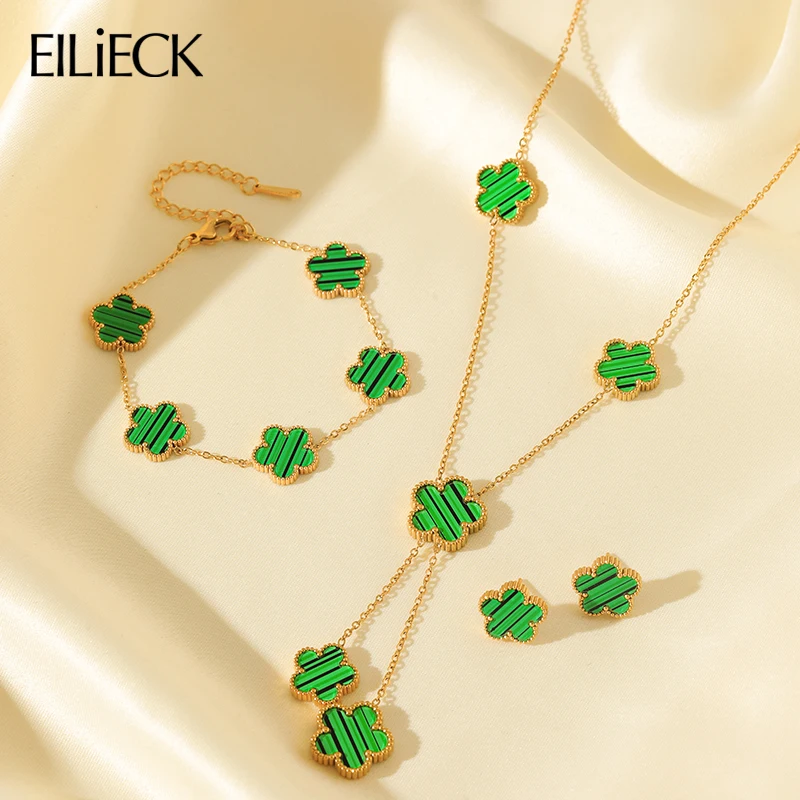 Eilieck 316L z nehrdzavejúcej ocele 1 Sada žien zelených päť okvetných kvetinových náramkov Náramok earrings obojstranné ďateliny