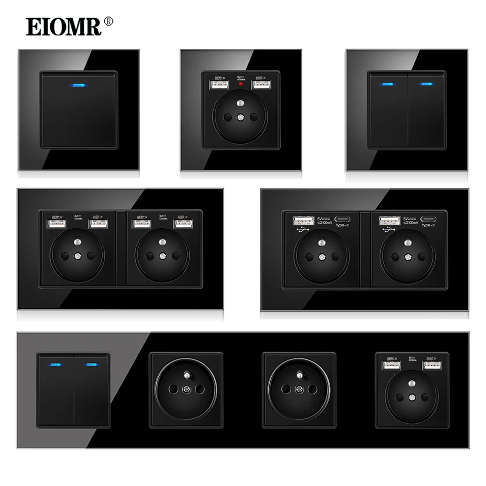 EIOMR Čierny kryštálový sklenený panel Francúzsko Štandardné steny zásuvky 16a AC110-250V Elektrické zásuvie