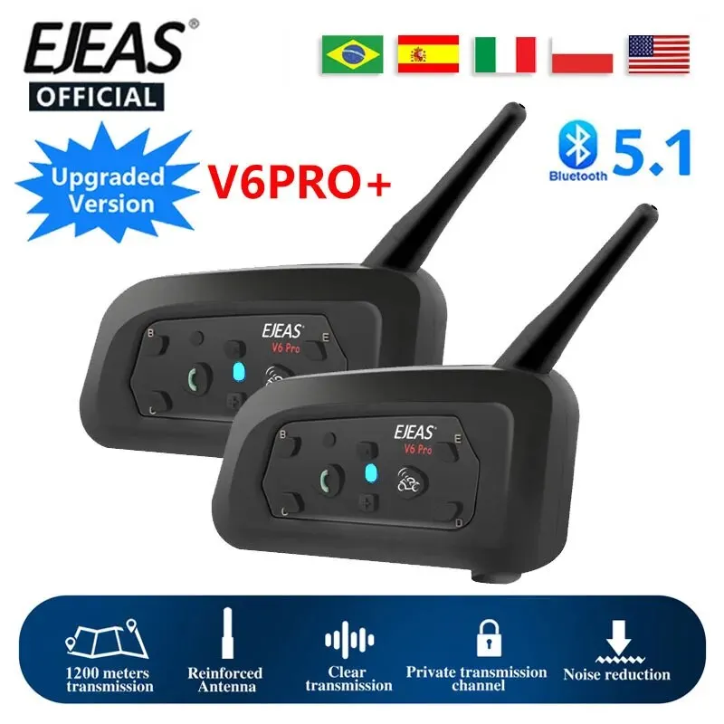 EJEAS V6 Pro+ Motocykel interkomová prilba Bluetooth Headset 6 Rides 800M Communicator Witerprope V5.1
