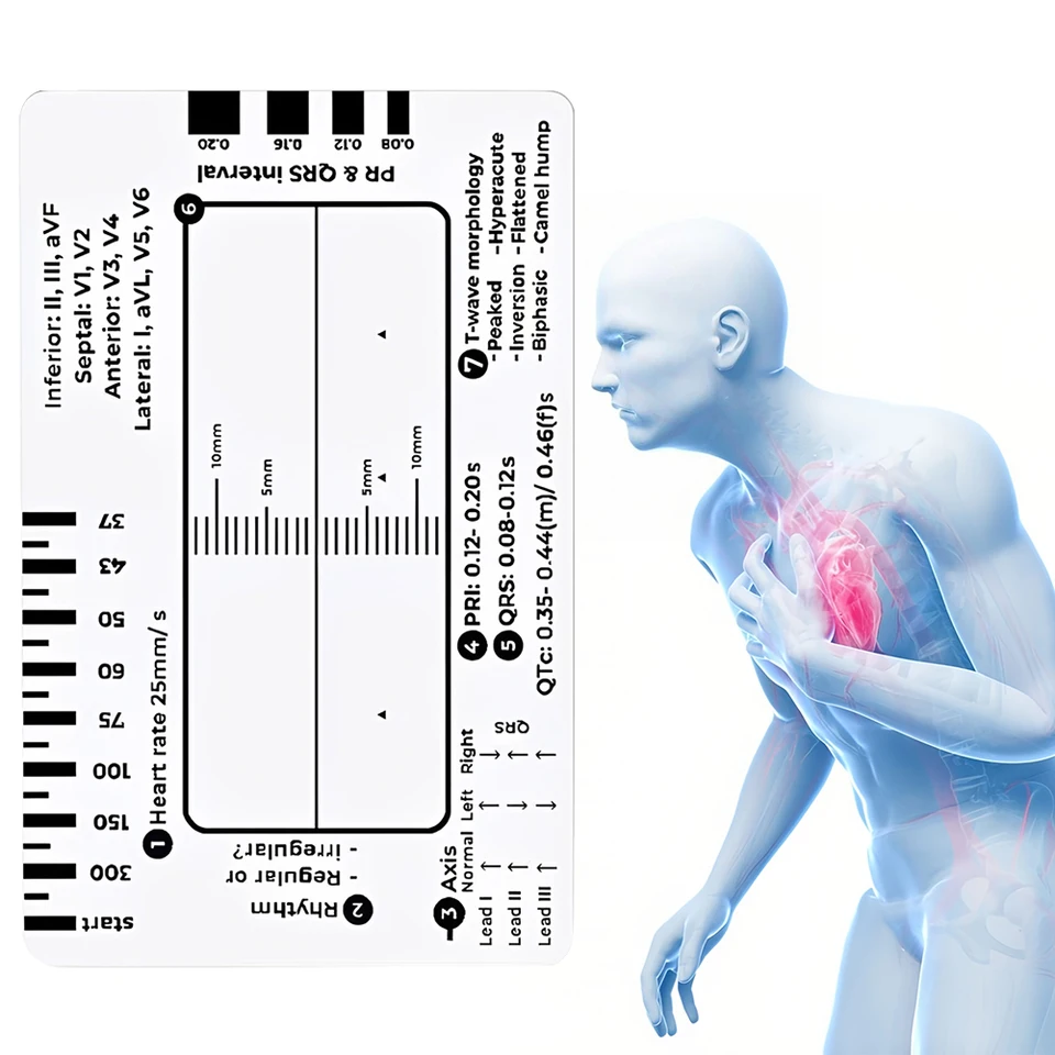 EKG 7 krokový pravítko Prenosný vreckový vreckový merací karta EKG Guide Meerement Tool pre interpretáciu EKG/EKG